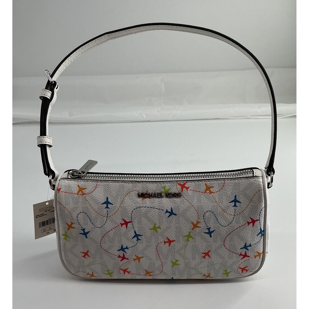 Michael Kors Jet Set MD Pouchette Airplane Print White Monogram Bag 38R3SJ6C8B